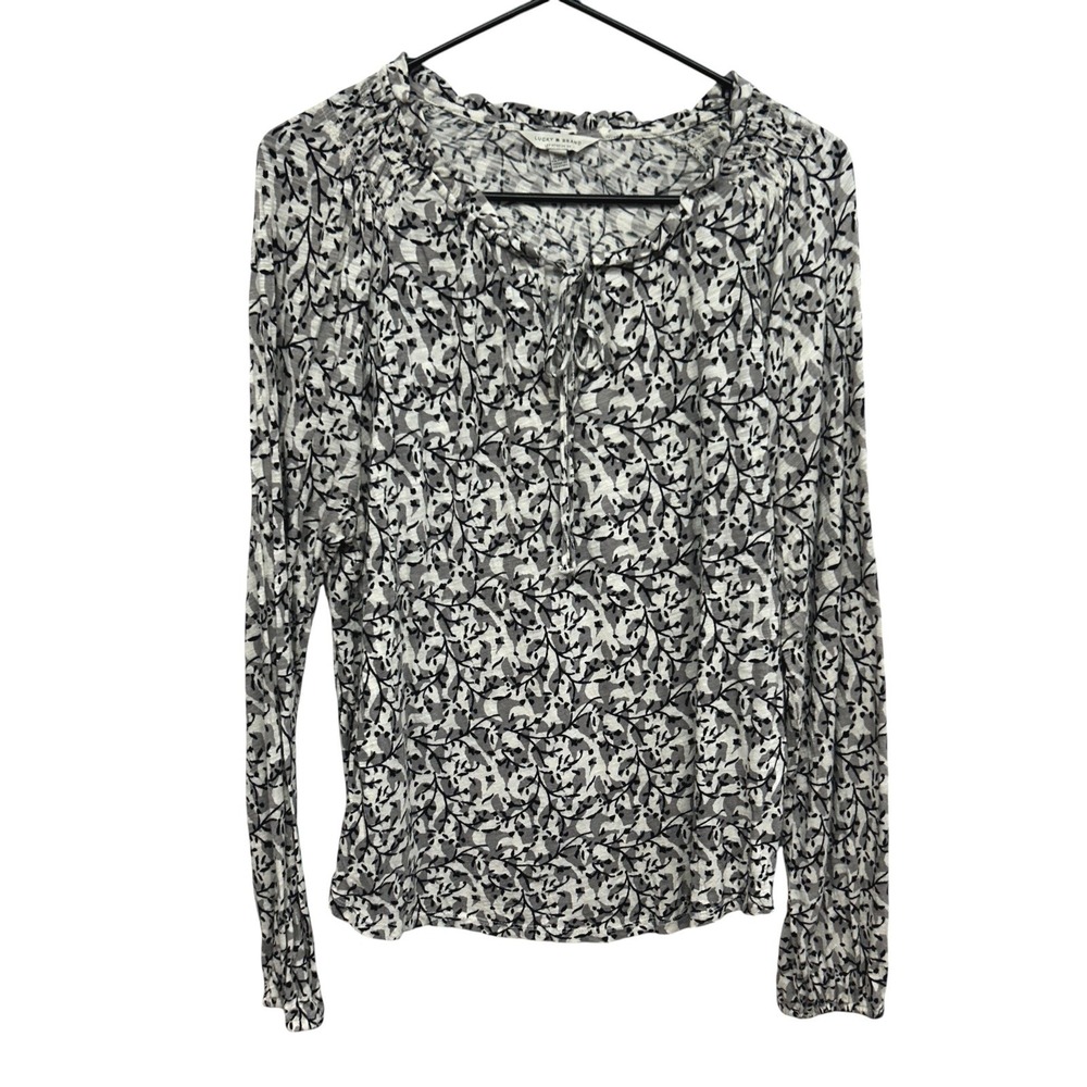 Lucky Brand Gray Black Tie Neck Blouse L Boho Indie Vintage Inspired Long Sleeve